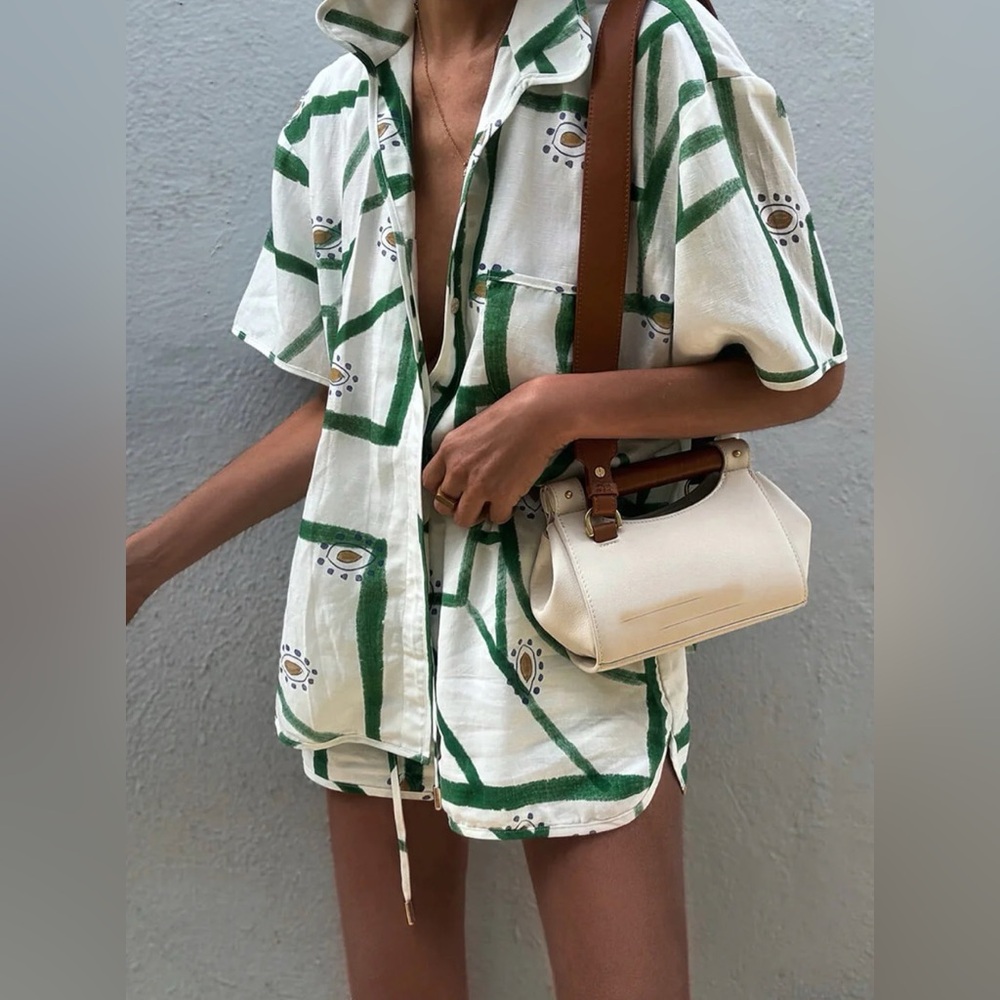 Commense Green and White Print Drawstring Shirt and Shorts Set - NWT